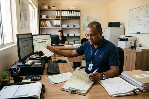 Despachante analisando documentos em um escritório.