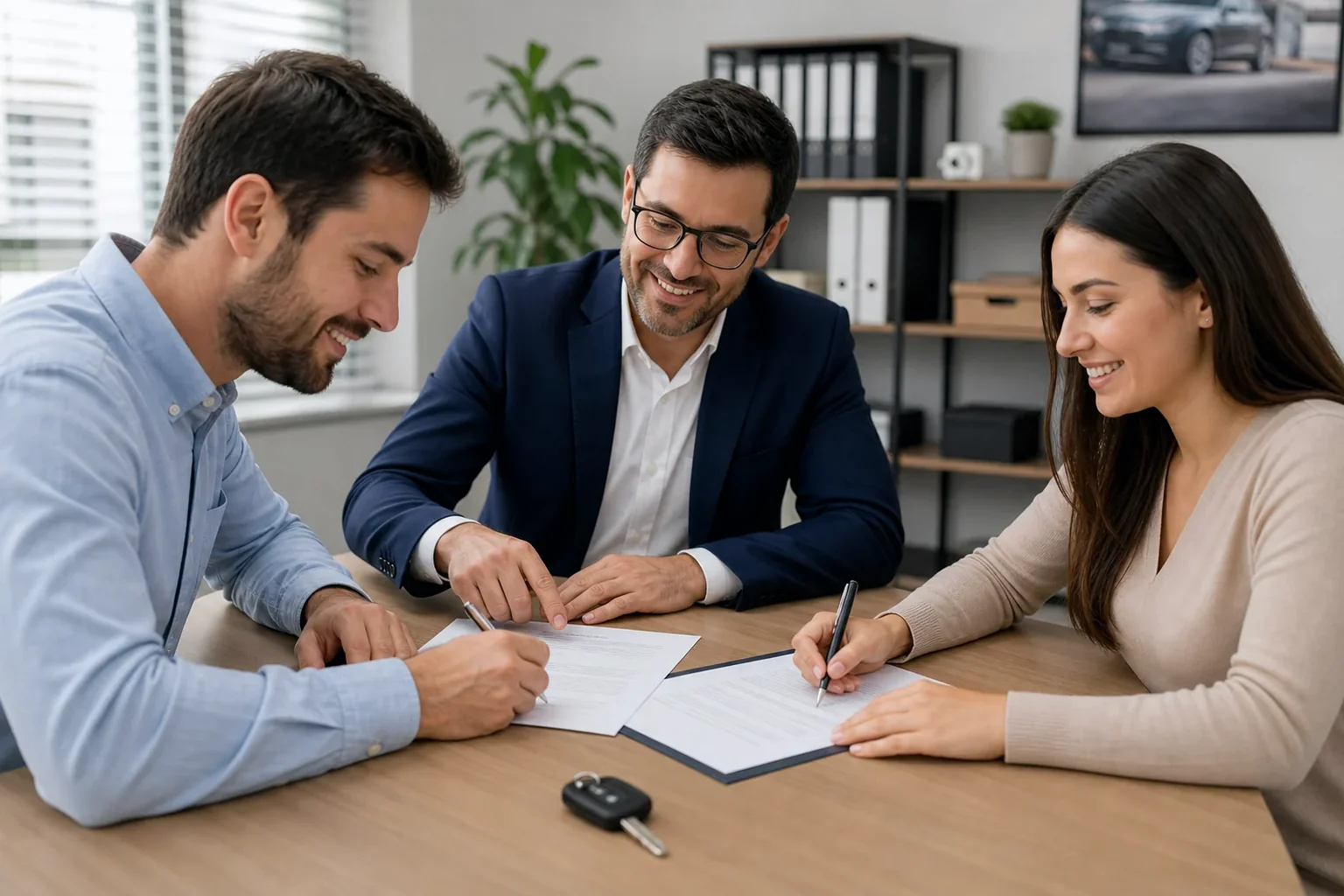 Despachante auxiliando cliente na transferência de veículo.