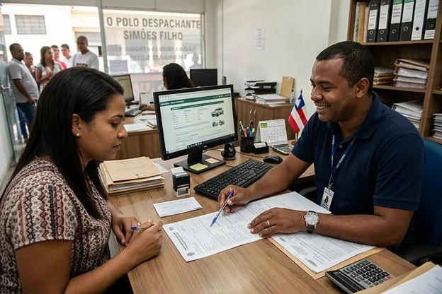 Profissional explicando licenciamento de veículo.